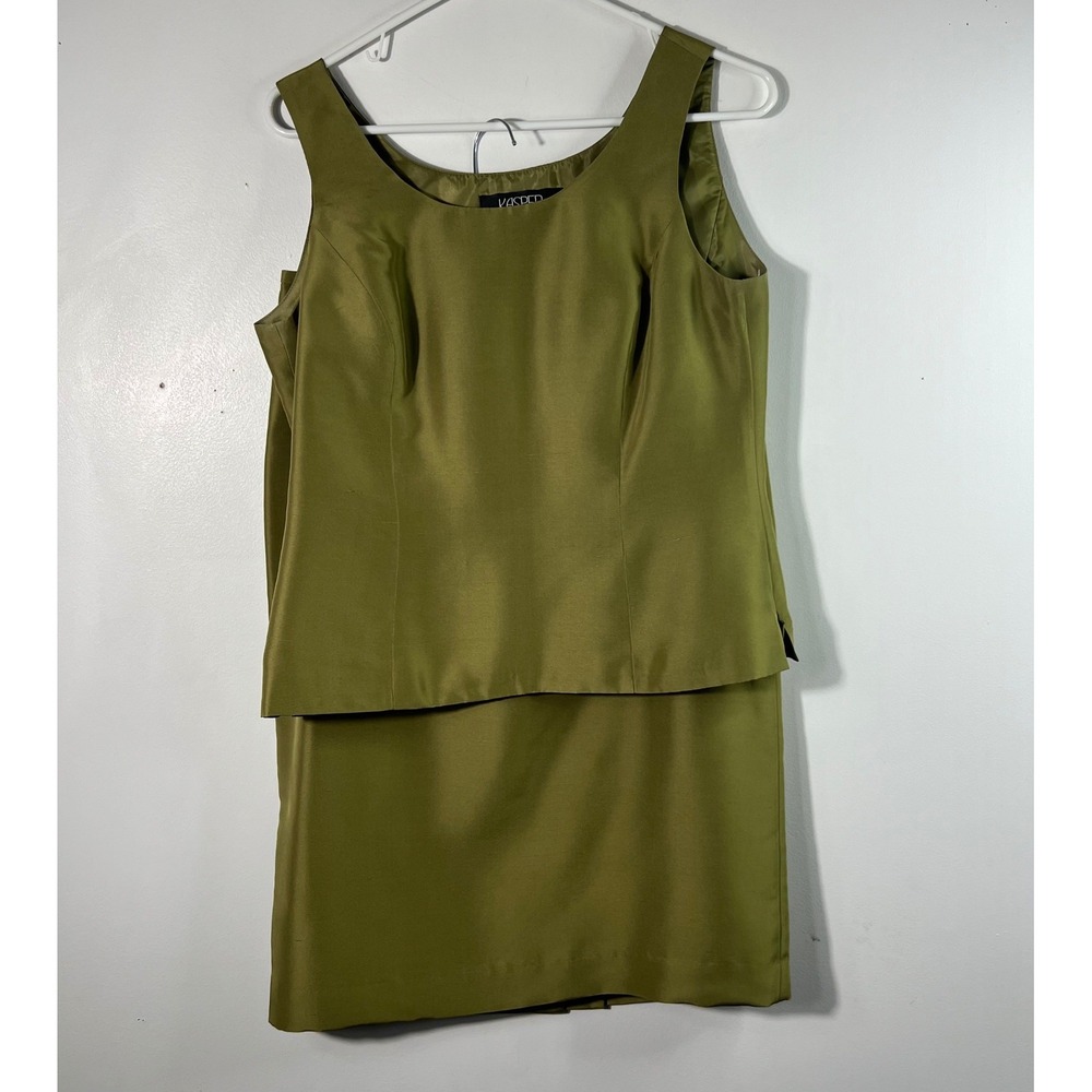 Womens Vintage Kasper Silk Skirt Set Green 8 Sleeveless Tank Below Knee Lined